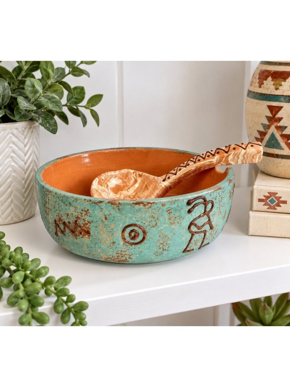 Southwestern Art Pottery Kokopelli Salsa Dip Bowl Ladle Turquoise Terracotta